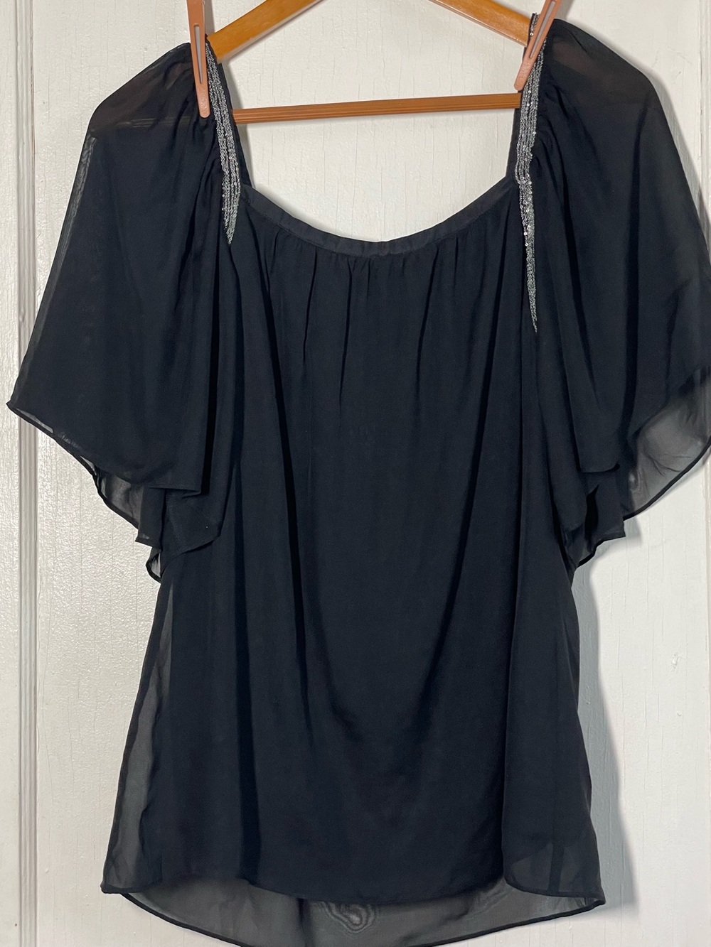Matty M 100% Silk Black Beaded Trim Flutter Sleeve Blouse Lined Size L